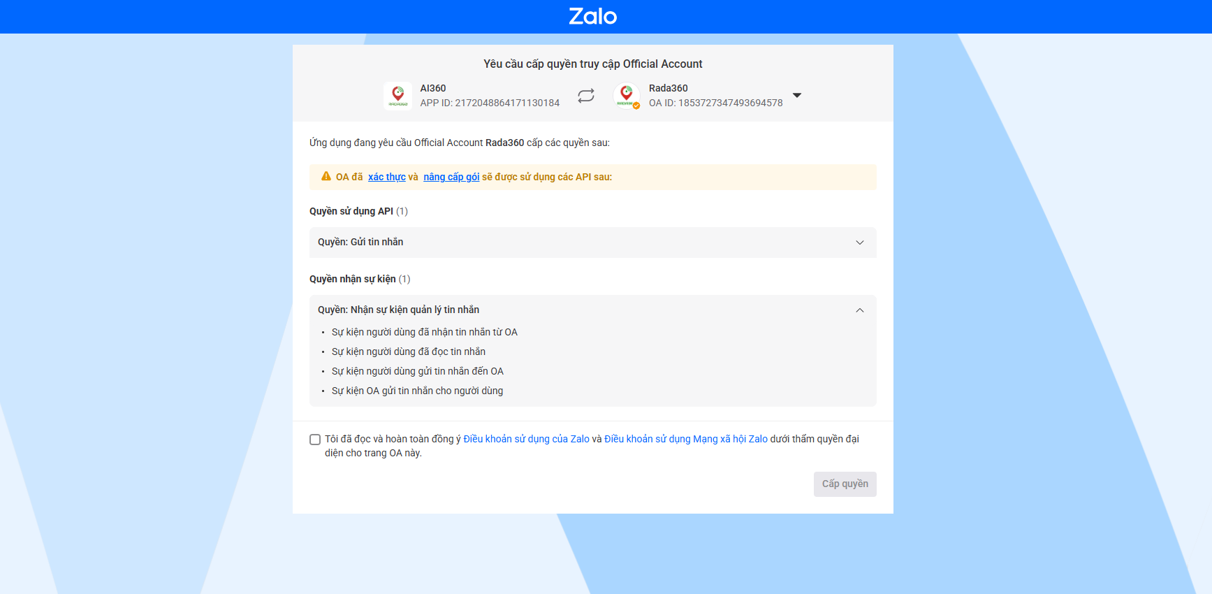 Grant Zalo OA Permissions